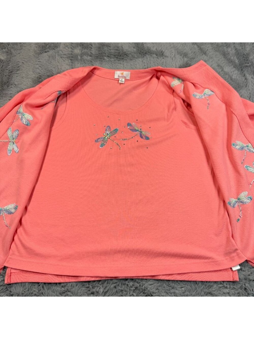 Quacker Factory Sweater Women's M Pink Cotton Cardigan Embellished Dragonfly
